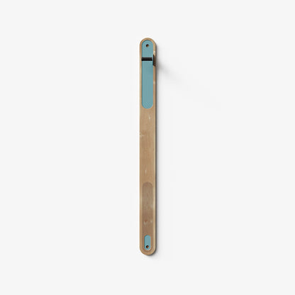 Wallride Vertical Bike Hanger System product image. top portion of product only, against white background. Maple hardwood finish with steely blue powder color hardware