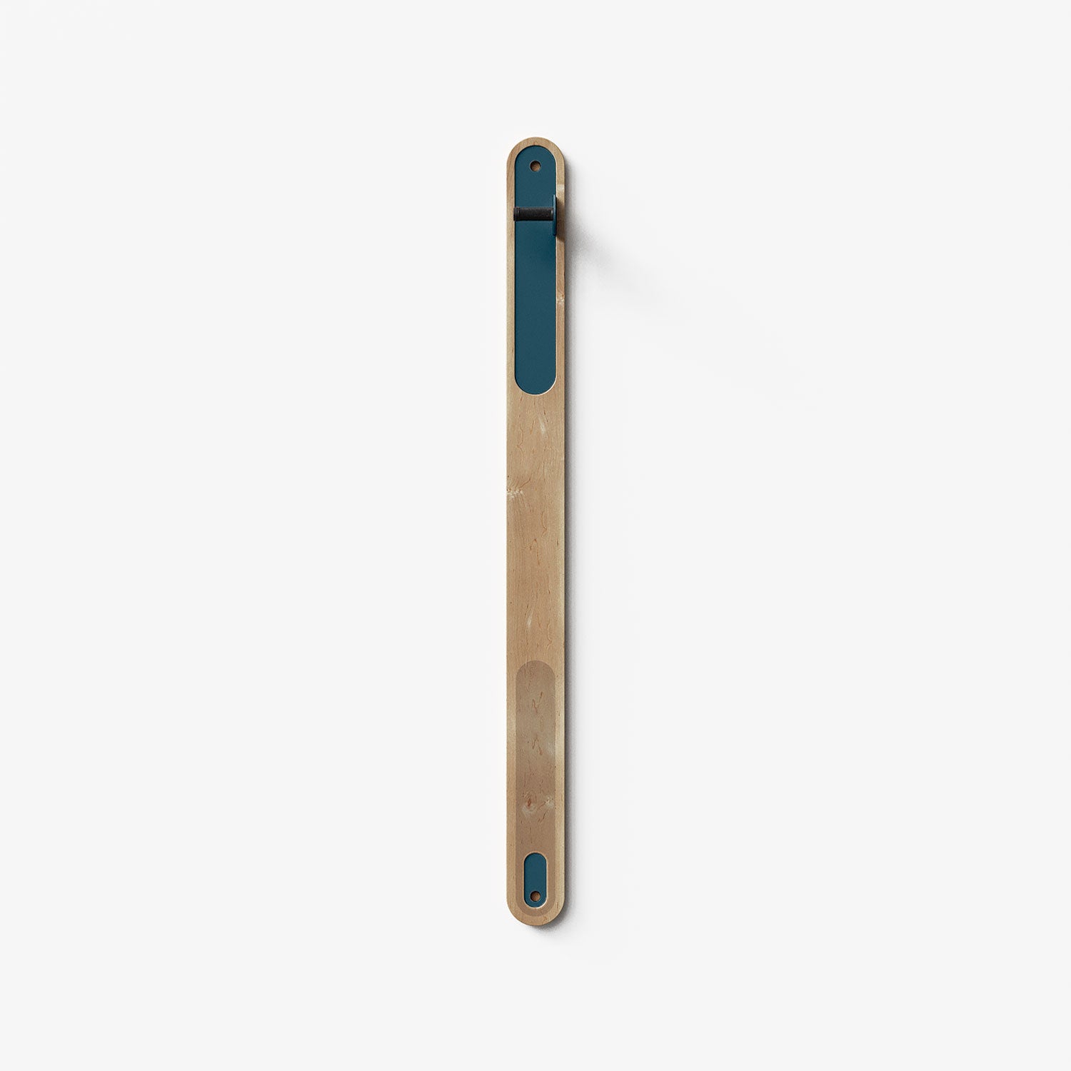 Wallride Vertical Bike Hanger System product image. top portion of product only, against white background. Maple hardwood finish with winkler blue powder color hardware