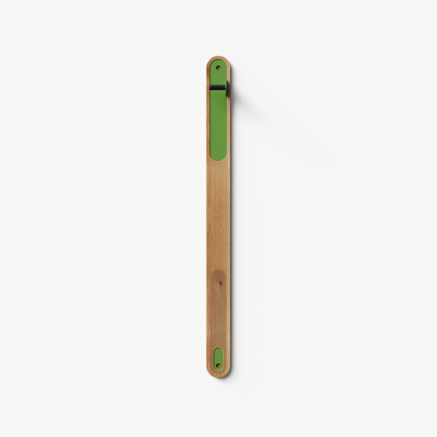 Wallride Vertical Bike Hanger System product image. top portion of product only, against white background. White oak hardwood finish with limewire powder color hardware.