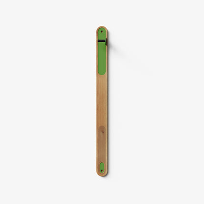 Wallride Vertical Bike Hanger System product image. top portion of product only, against white background. White oak hardwood finish with limewire powder color hardware.