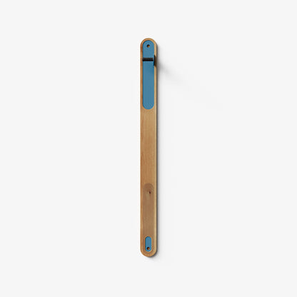 Wallride Vertical Bike Hanger System product image. top portion of product only, against white background. White oak hardwood finish with shelf geek blue powder color hardware.