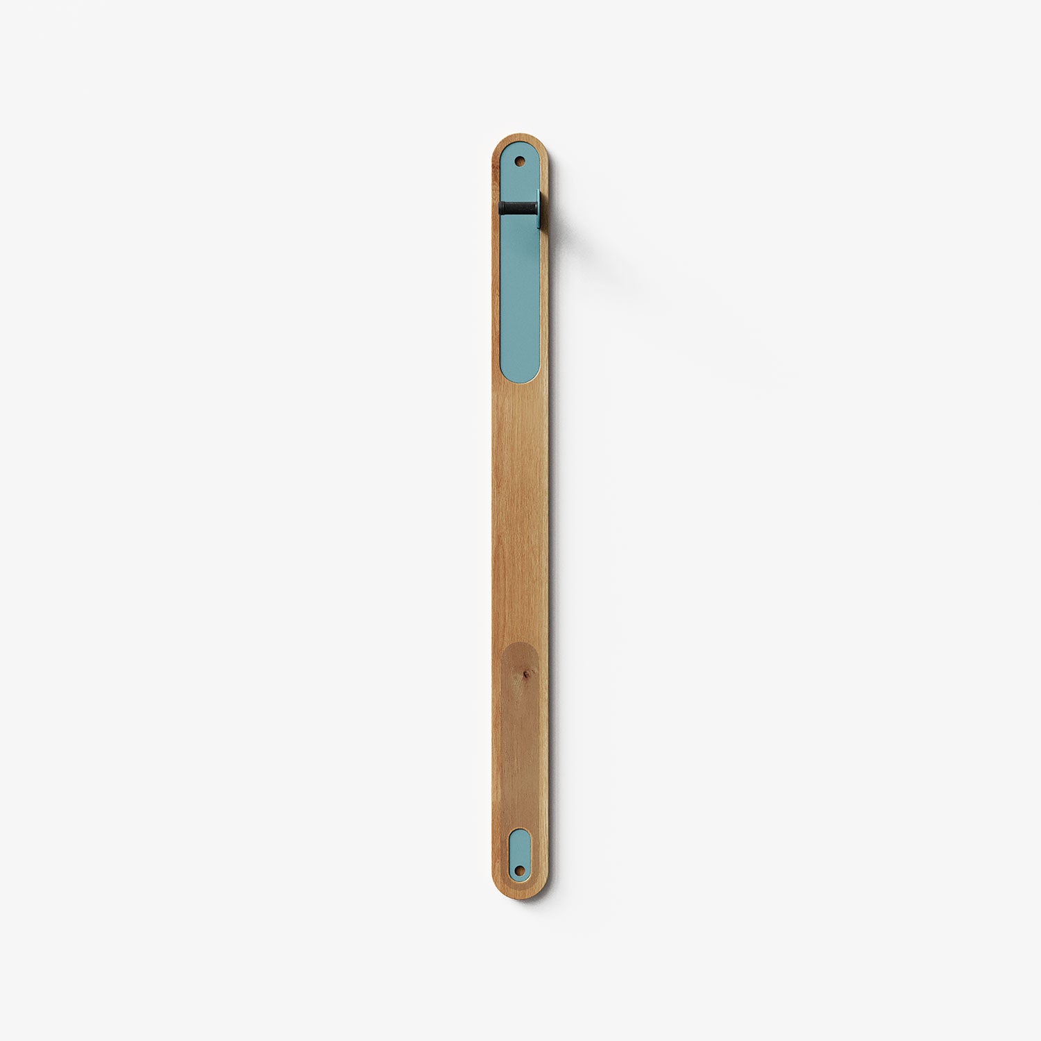Wallride Vertical Bike Hanger System product image. top portion of product only, against white background. White oak hardwood finish with steelyblue powder color hardware.