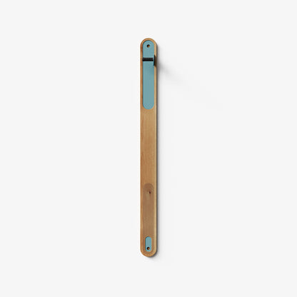 Wallride Vertical Bike Hanger System product image. top portion of product only, against white background. White oak hardwood finish with steelyblue powder color hardware.