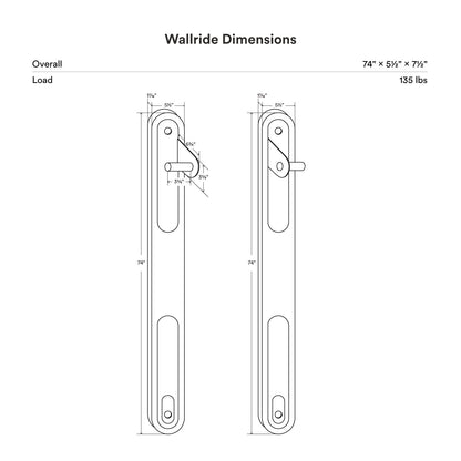 Wallride Vertical Bike Hanger System product dimentions image. Black and white line drawing depicting product right and left configurations for product. dimensions: 74 inches x 5.5 inches x 7.5 inches. Load listed as 135lbs.