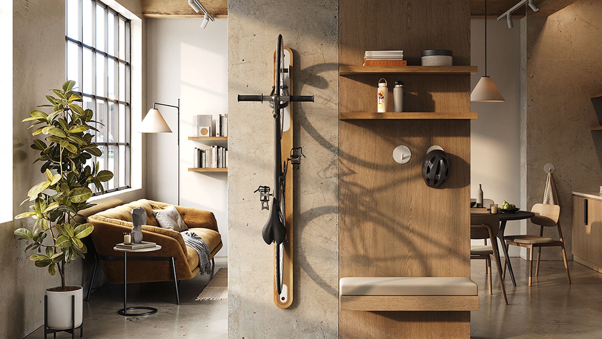 Vertical wood wall bike holder with integrated hooks and shelves casting shadows in sunlit industrial loft space