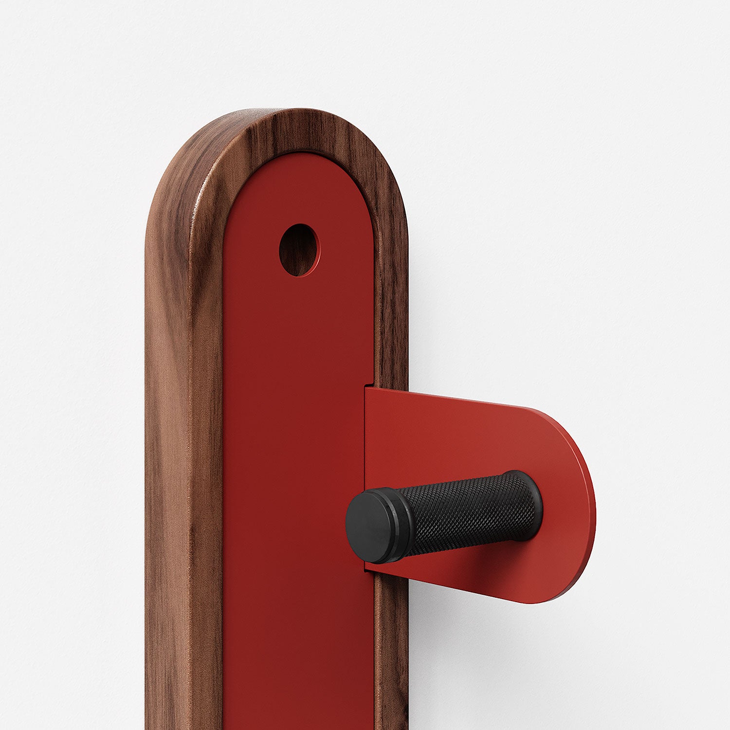 Wallride Vertical Bike Hanger System product image. top portion of product only, against white background. Walnut hardwood finish with really red powder color hardware.