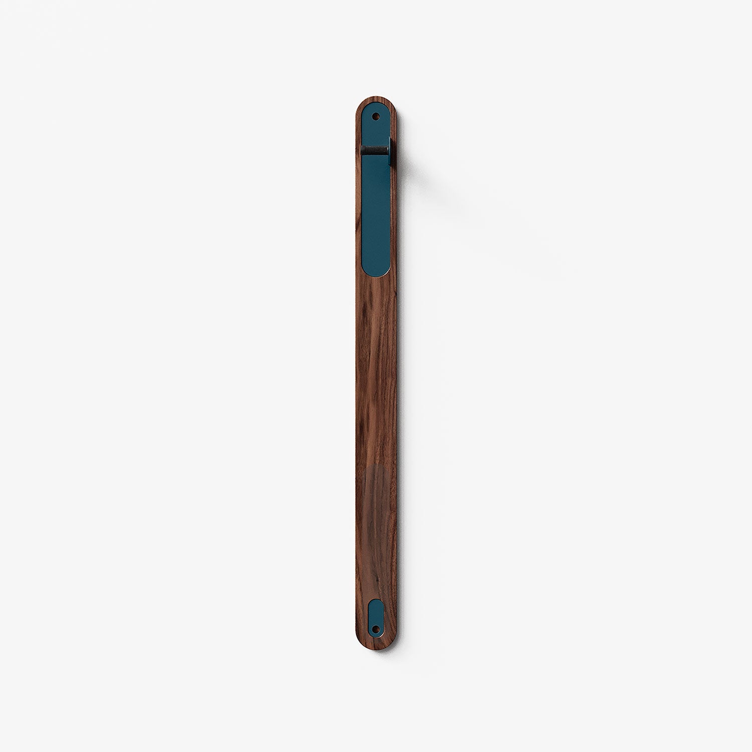 Wallride Vertical Bike Hanger System product image. top portion of product only, against white background. Walnut hardwood finish with winkler blue powder color hardware.