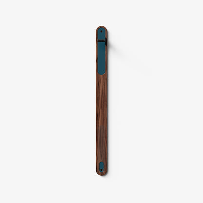 Wallride Vertical Bike Hanger System product image. top portion of product only, against white background. Walnut hardwood finish with winkler blue powder color hardware.
