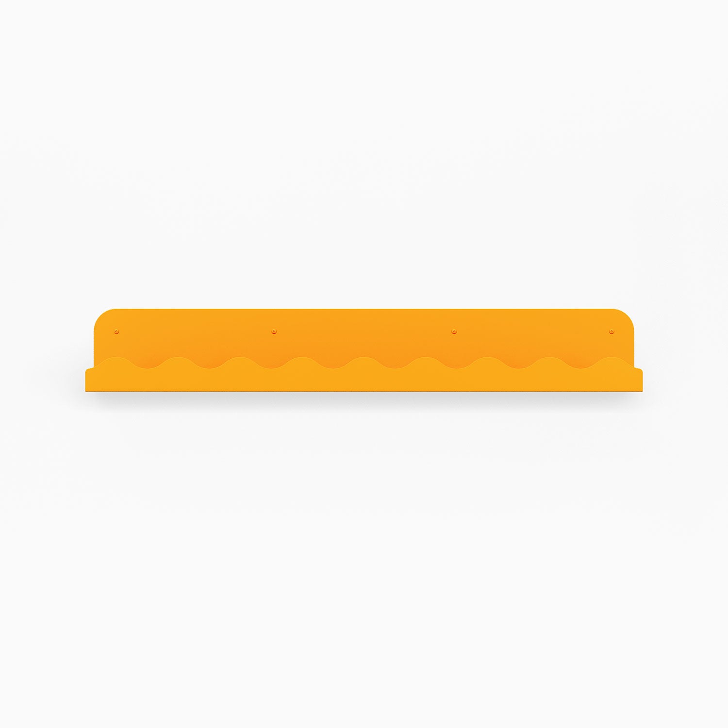 Mini Wave Picture Ledge in bright orange steel with compact wave design for minimalist floating shelf and wall display organization