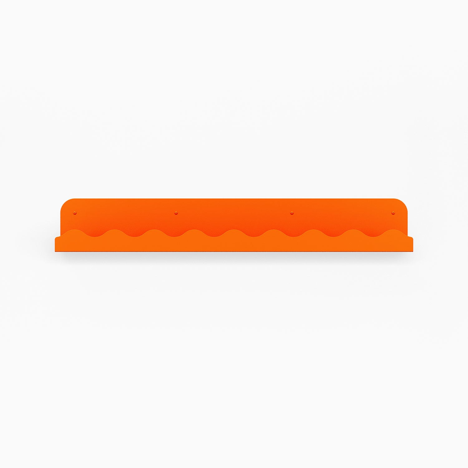 Mini Wave Picture Ledge in vibrant orange steel with compact wave pattern for modern floating shelf and wall display organization
