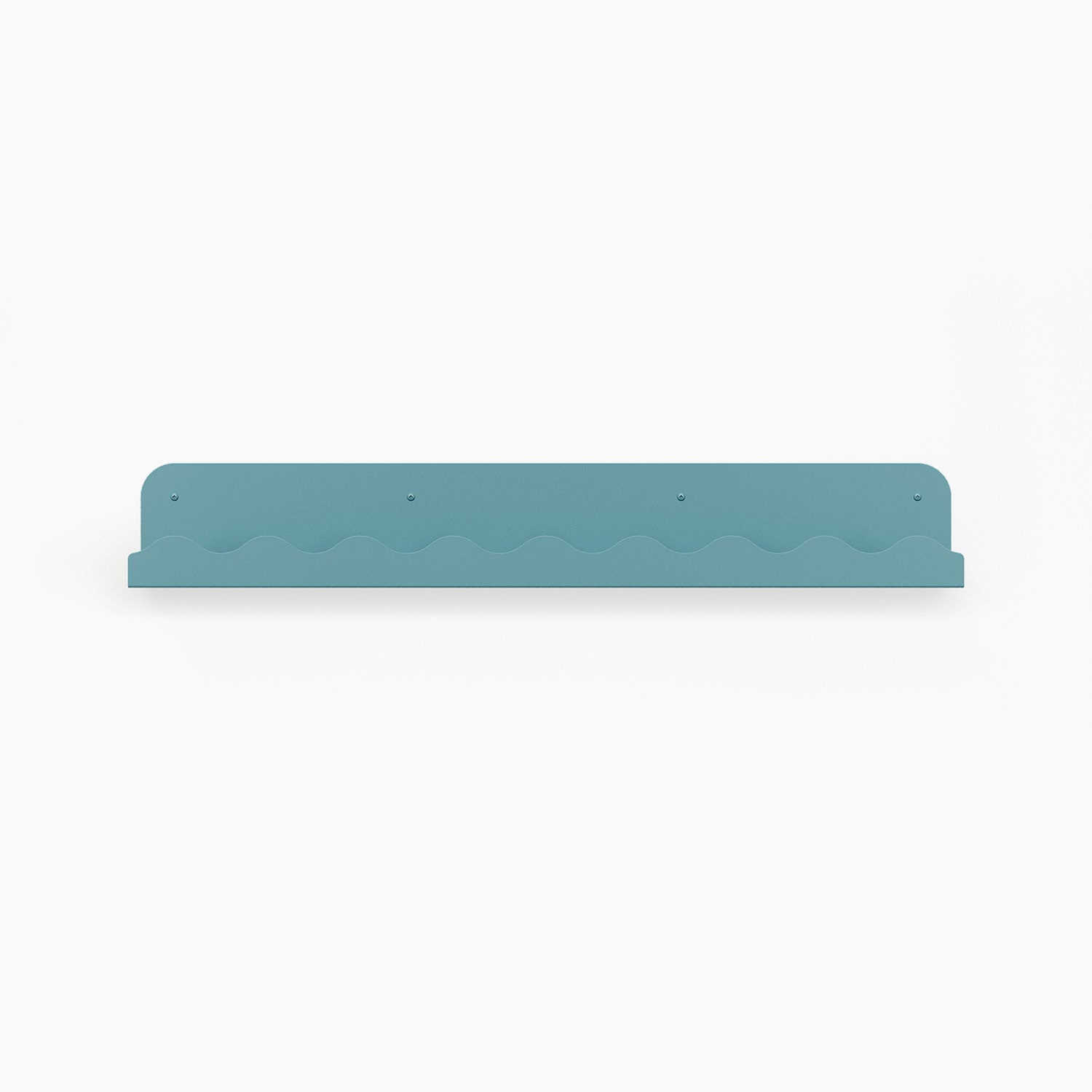 Mini Wave Picture Ledge in steely blue steel with compact wave pattern for minimalist floating shelf and wall display organization