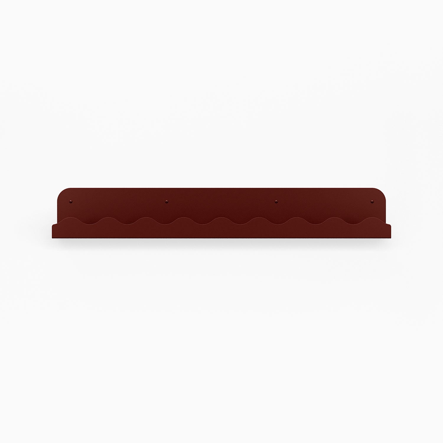 Mini Wave Picture Ledge in deep red steel with subtle wave design for functional floating shelf and wall display organization