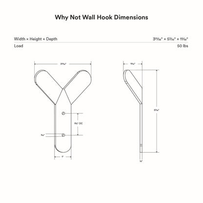 Why Not Wall Hook technical drawing showing dimensions and load capacity for functional wall hook by Shelfology