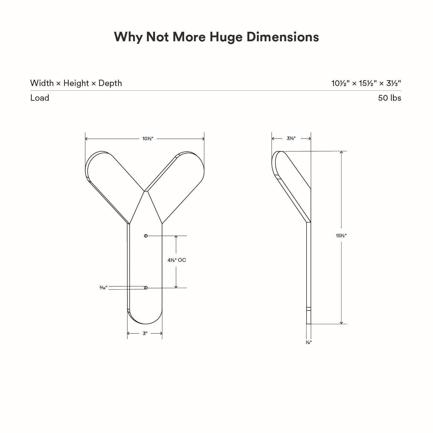 Why Not More Huge Wall Hook technical drawing showing dimensions and load capacity for sturdy wall organization