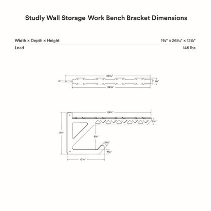 Studly Wall Storage Work Bench Bracket technical drawing showing precise dimensions and load capacity, ideal for durable wall shelves.