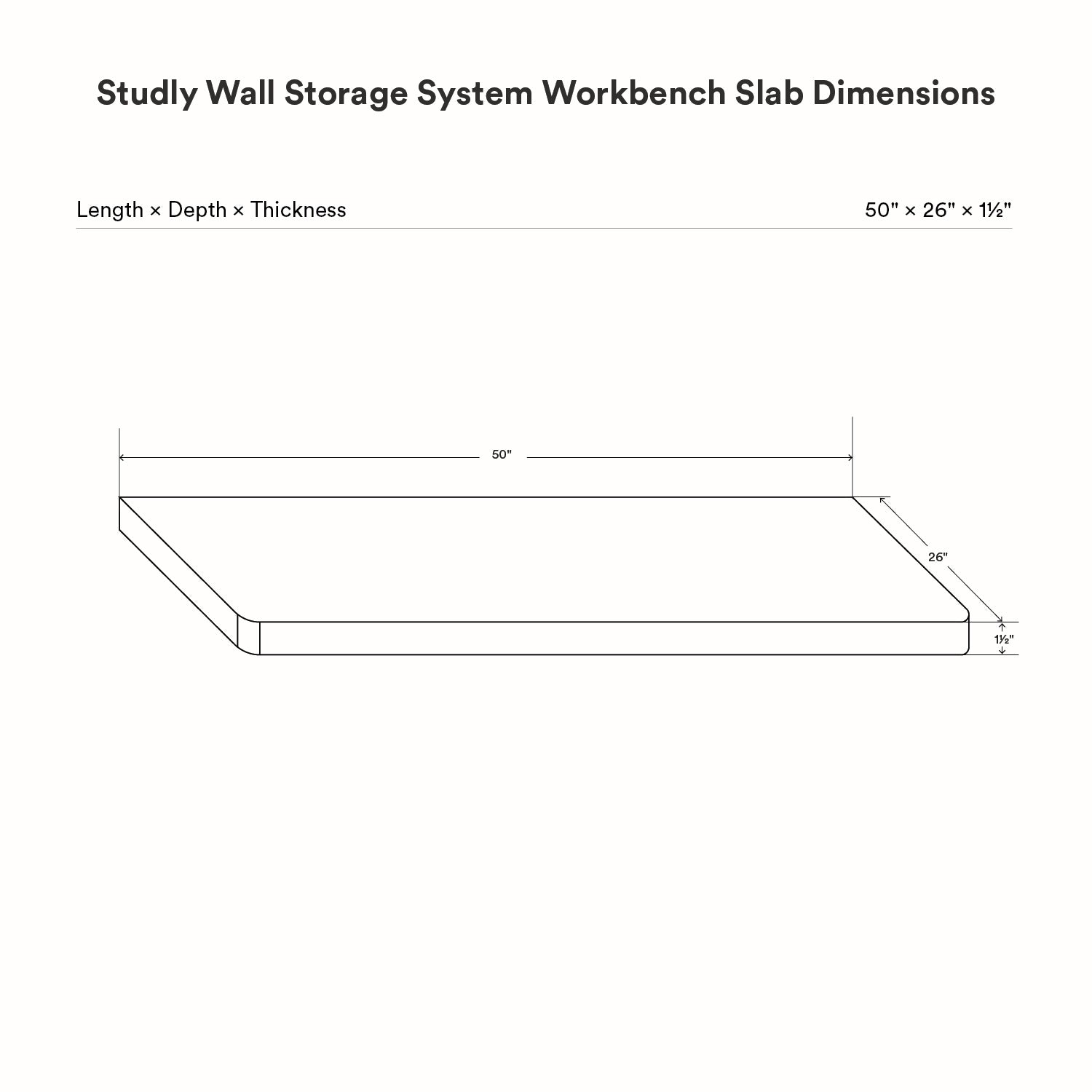Studly Wall Storage System Workbench Slab with minimalist design and dimensions 50 by 26 by 1.5 inches, ideal for functional wall storage and organization.