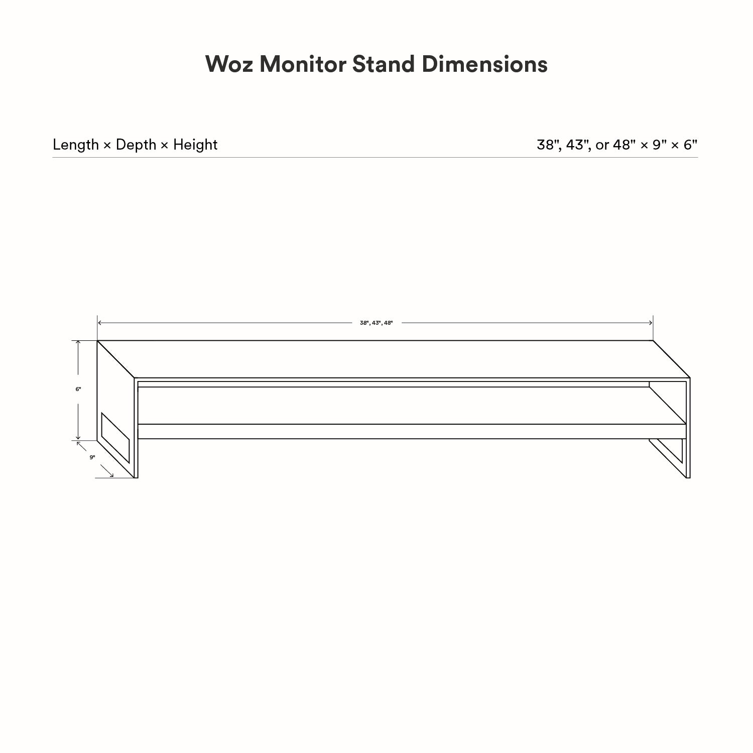 Technical line drawing showing dimensions of the Woz Monitor Stand in three sizes with length, depth, and height measurements for minimalist desk organization.