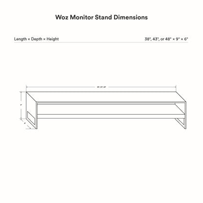 Technical line drawing showing dimensions of the Woz Monitor Stand in three sizes with length, depth, and height measurements for minimalist desk organization.