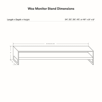 Technical line drawing showing dimensions of the Woz Monitor Stand with length options 24, 32, 38, 43, or 48 inches, depth 9 inches, and height 6 inches.